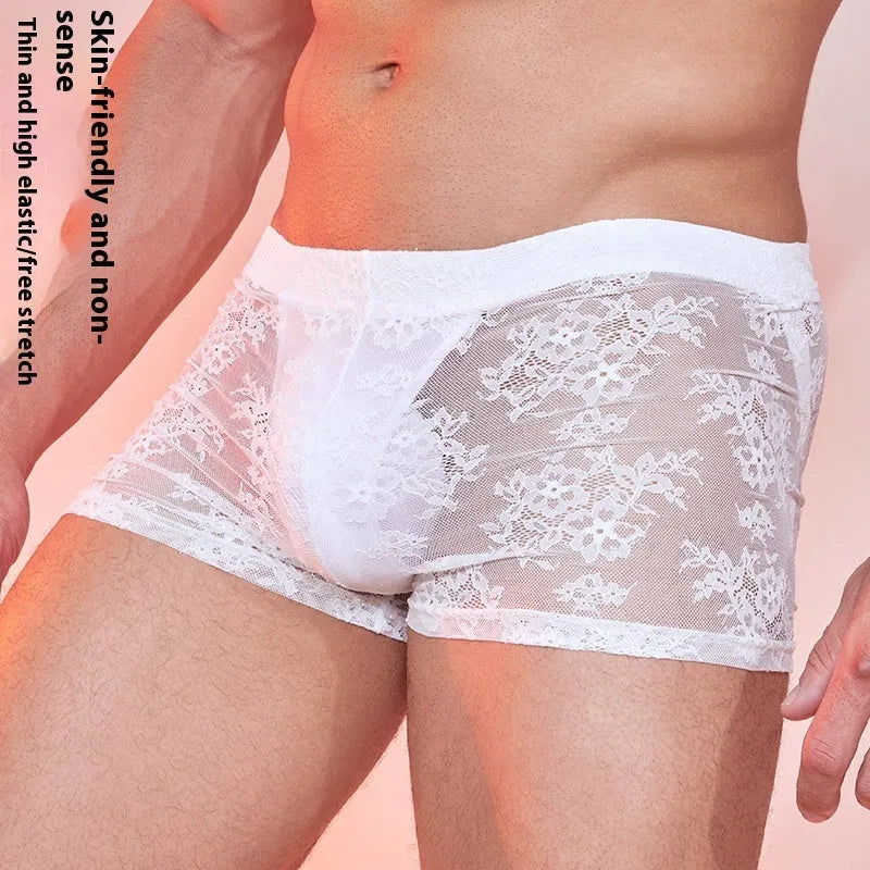 Nylon men's boxers with lace detailing in black, red, and white colour options.