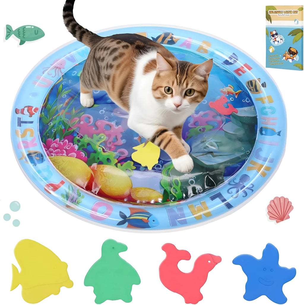 Square PVC water sensory playmat for pets showing inflated outer ring and central water area with floating fish toys.