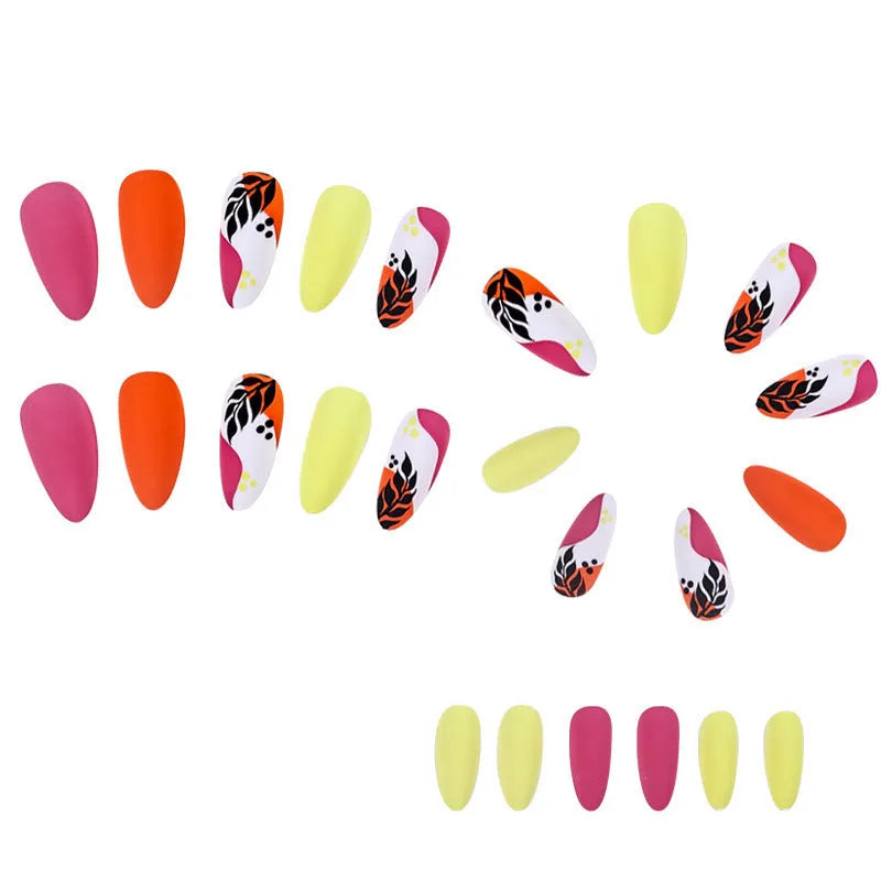 Four boxes of almond shaped nail stickers showing French colourful leaves, colourful plating, star flash macarons, and gradient leopard print designs