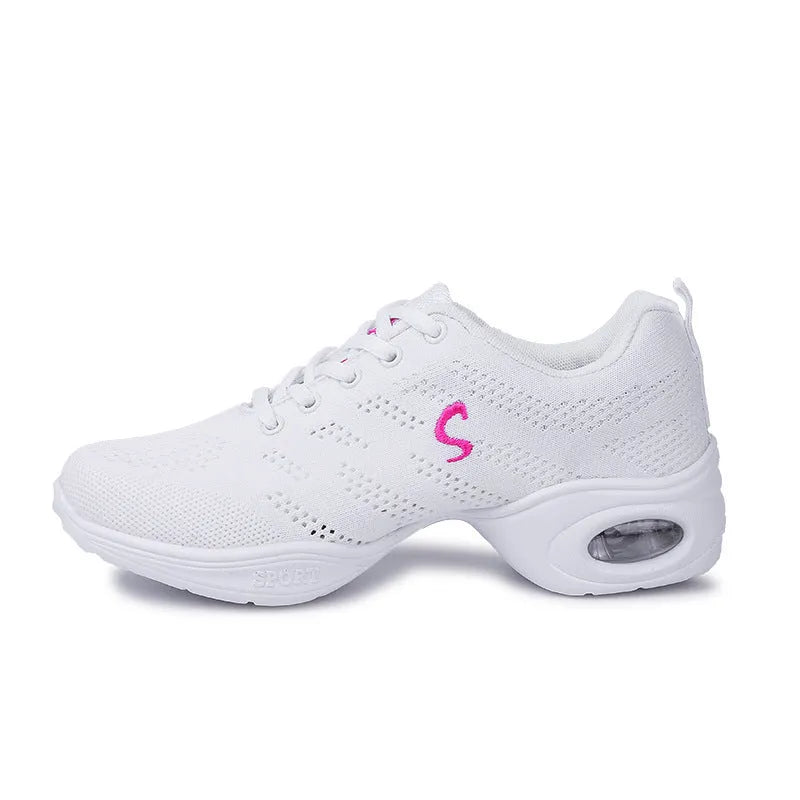 Women's white breathable flyknit mesh dancing shoes with a soft PU sole on a light background.
