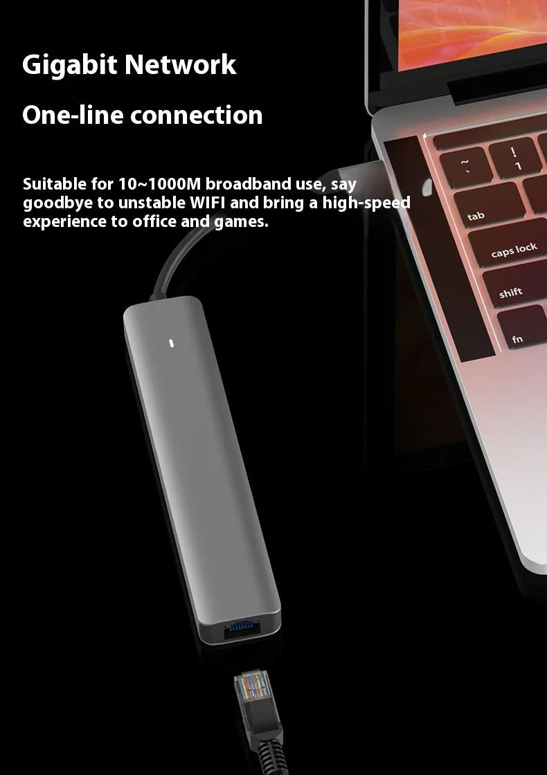 LQT-LH07 7-in-1 USB-C multiport hub with card reader, HDMI, Ethernet, and USB ports.