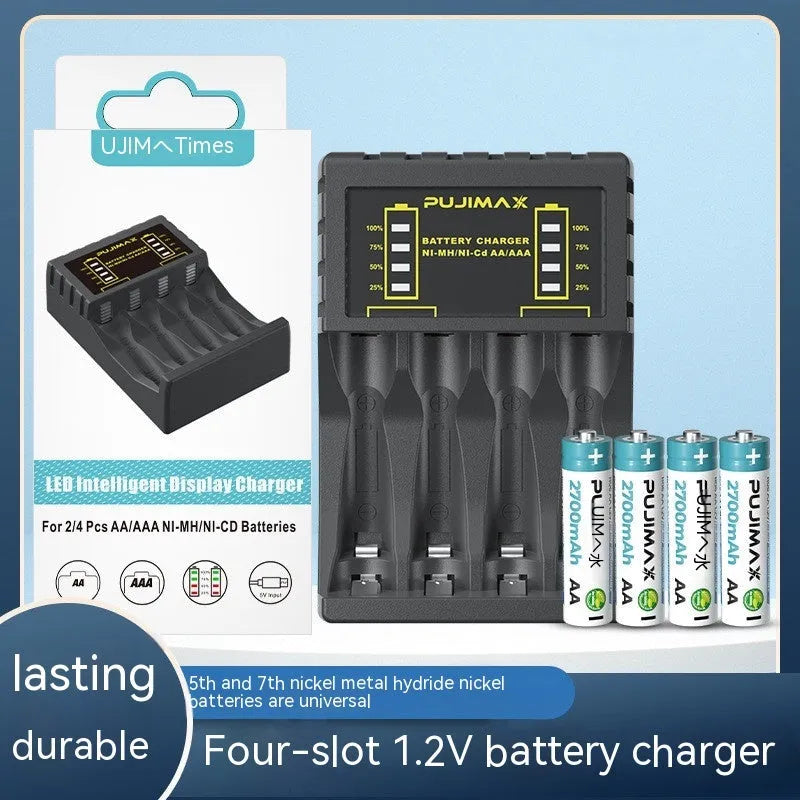 Household black Ni-MH battery charger with LCD screen showing charging status for AA and AAA batteries
