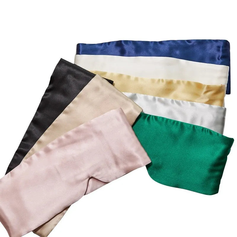 Mulberry silk sleep eye mask shown in champagne gold colour for light blocking comfort.
