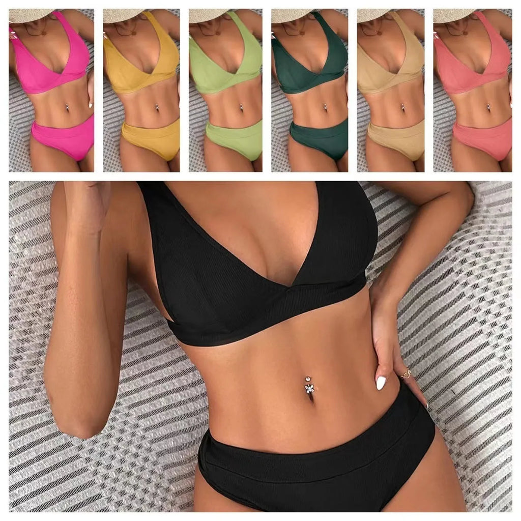 Women's black rib lace-up bikini set with high-waist split bottom on mannequin
