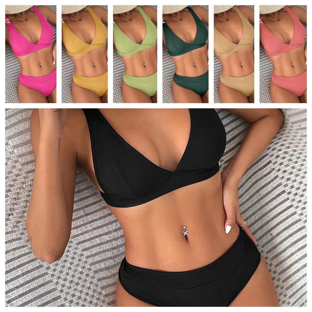 Women's black rib lace-up bikini set with high-waist split bottom on mannequin