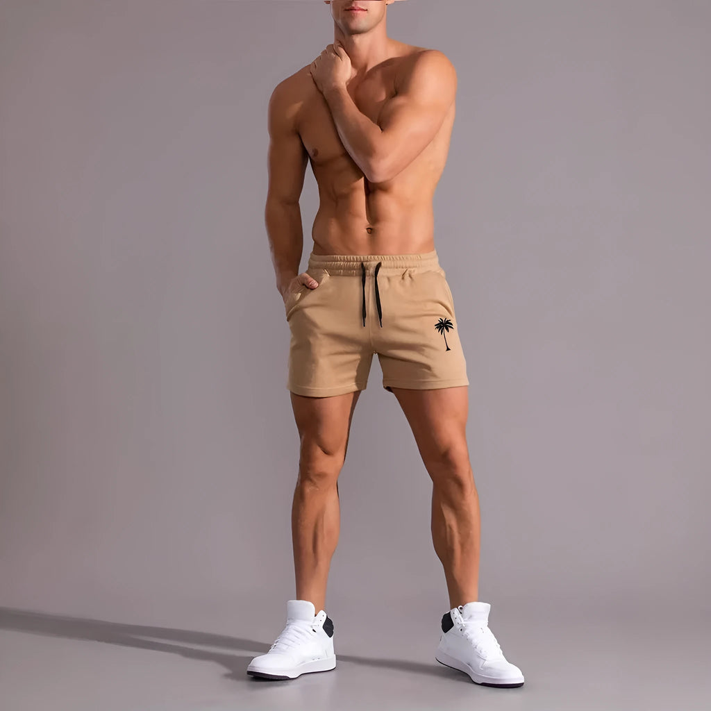 Men's khaki coconut print sports shorts with straight cut design and micro-elastic polyester fabric