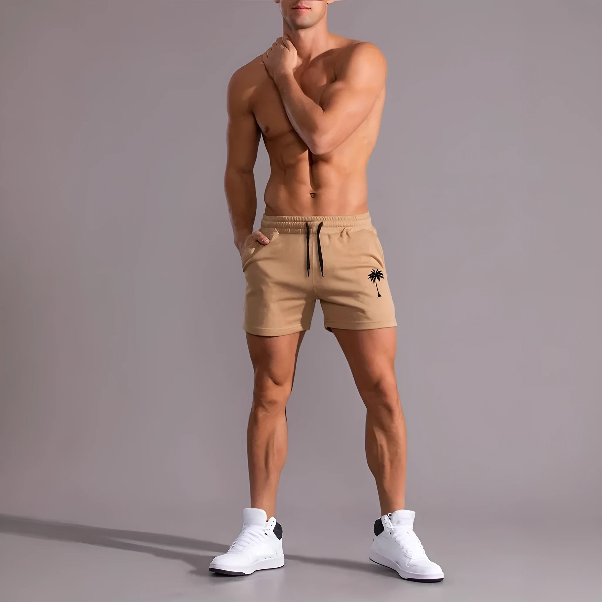 Men's khaki coconut print sports shorts with straight cut design and micro-elastic polyester fabric