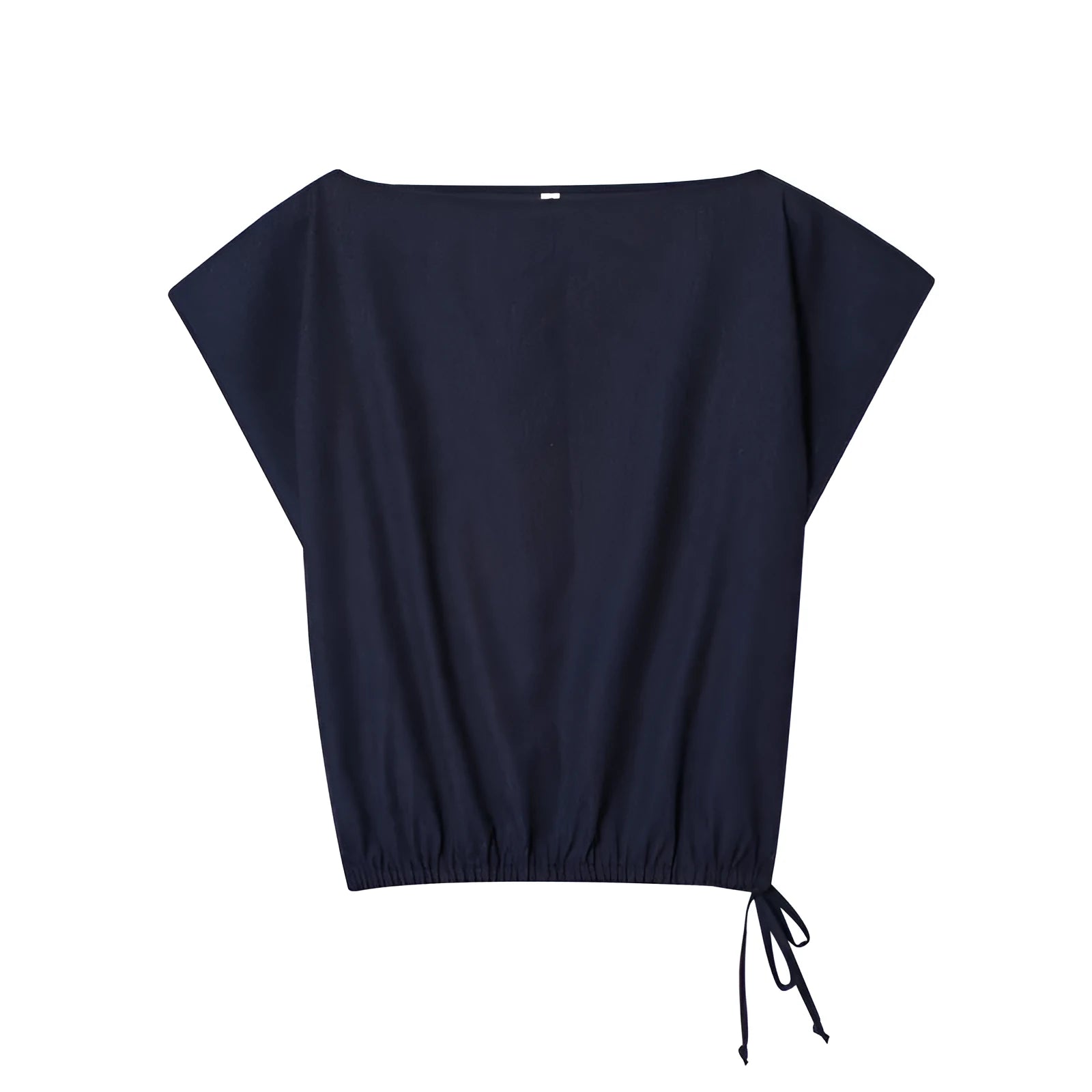 Women's linen blend co-ord suit with flounced sleeve top and wide leg trousers.
