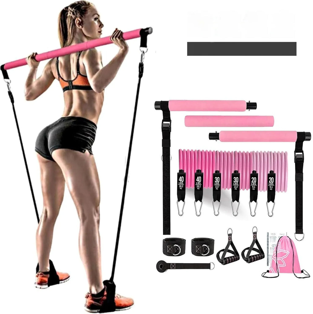 Yoga gymnastic bar set with black 180-pound resistance band and pull rope on a light background.