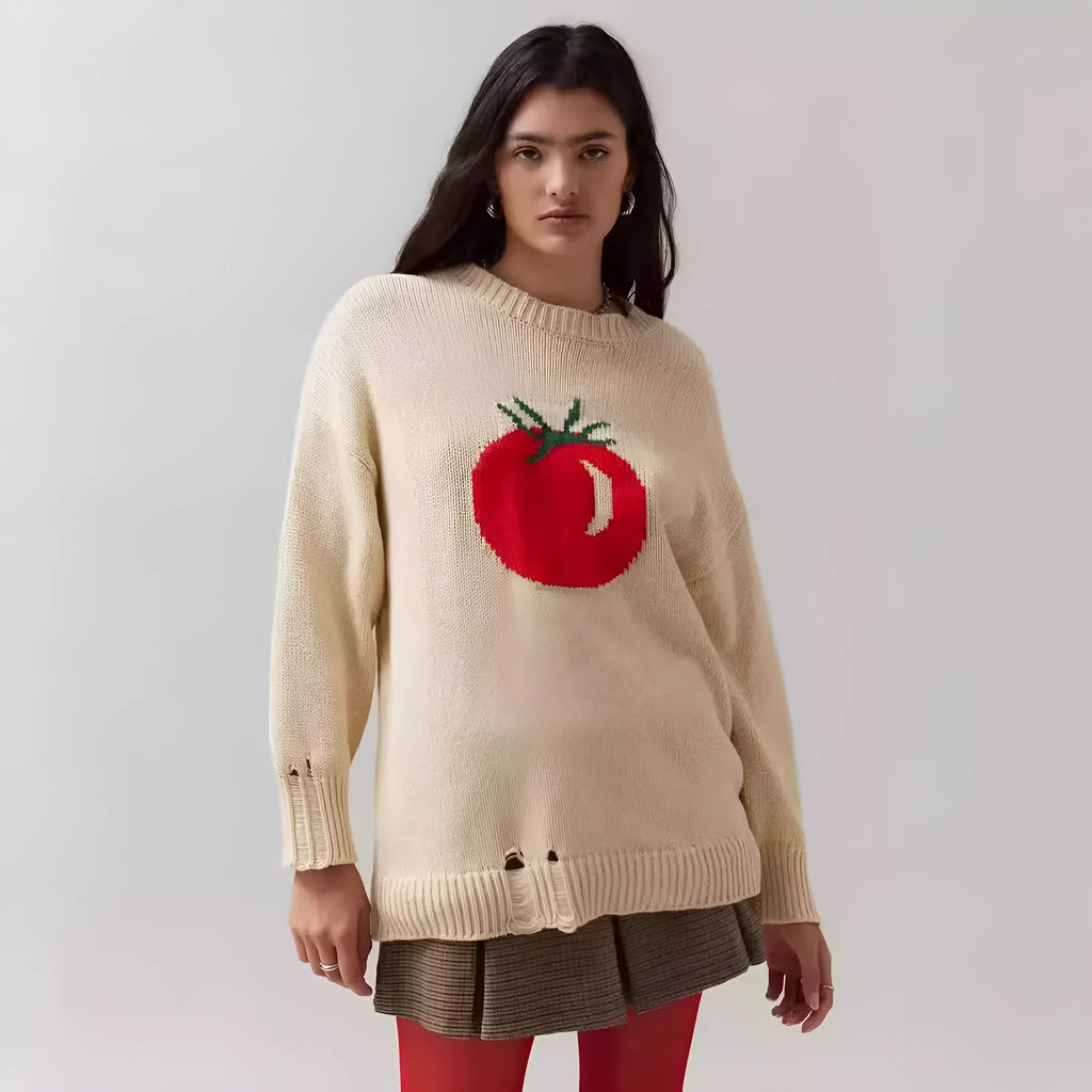 Women's milky white acrylic jacquard sweater with round neck and long sleeves
