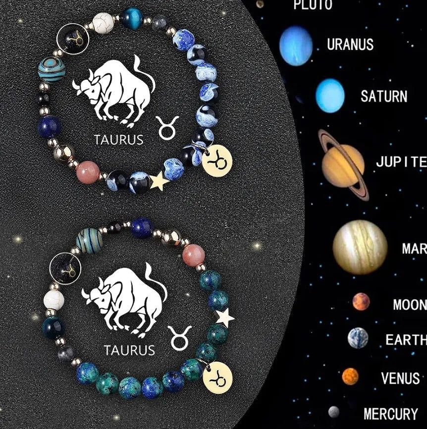 Twelve zodiac sign bracelets with natural stone beads on elastic string showing different astrological designs