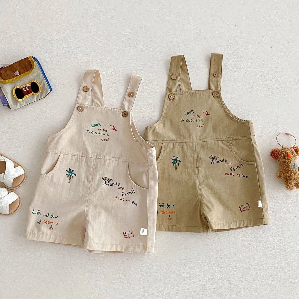 Baby cotton sleeveless t-shirt and suspender pants set in Korean style with cartoon element, available in dark gray avocado green warm apricot khaki green