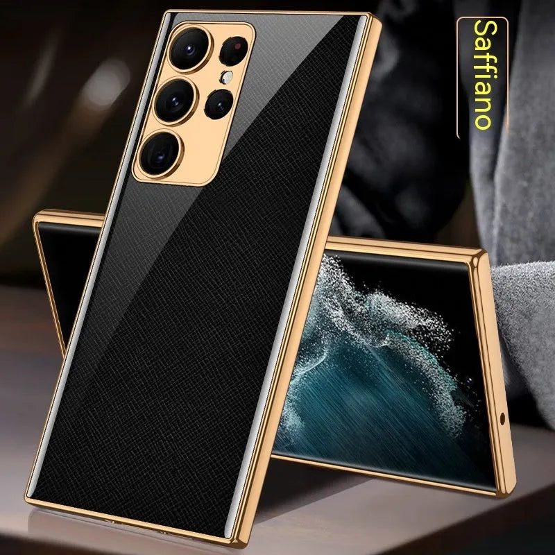 Samsung S22 Plus soft edge electroplated glass TPU phone case in gold finish