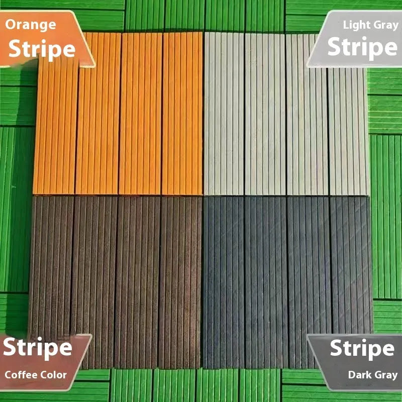 Wood grain plastic floor tiles in brown, grey and orange colours showing non-slip texture