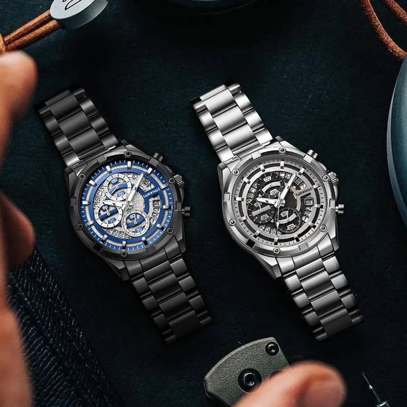 Men's waterproof luminous quartz watch with steel belt in black and blue, black and gold, or silver and white.
