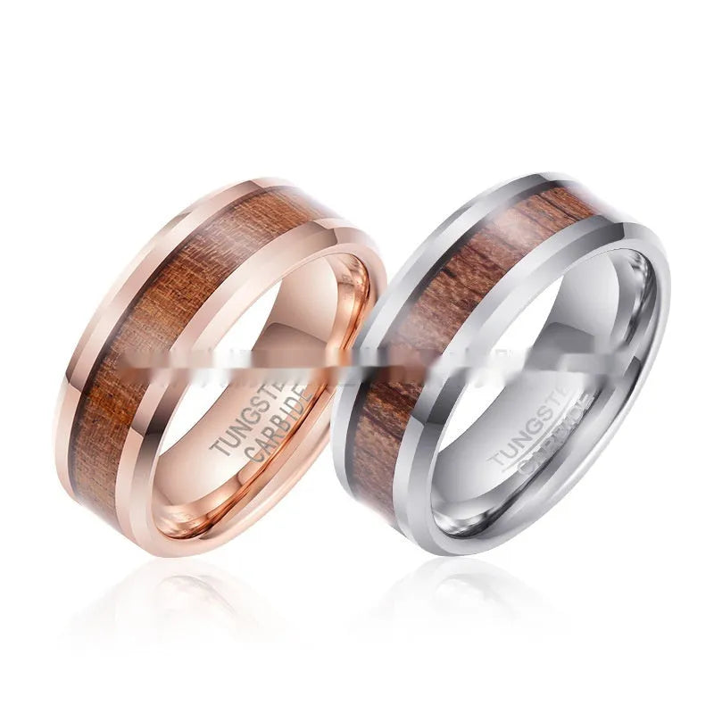 8mm wide tungsten ring with U-shaped profile in rose gold or steel colour finish