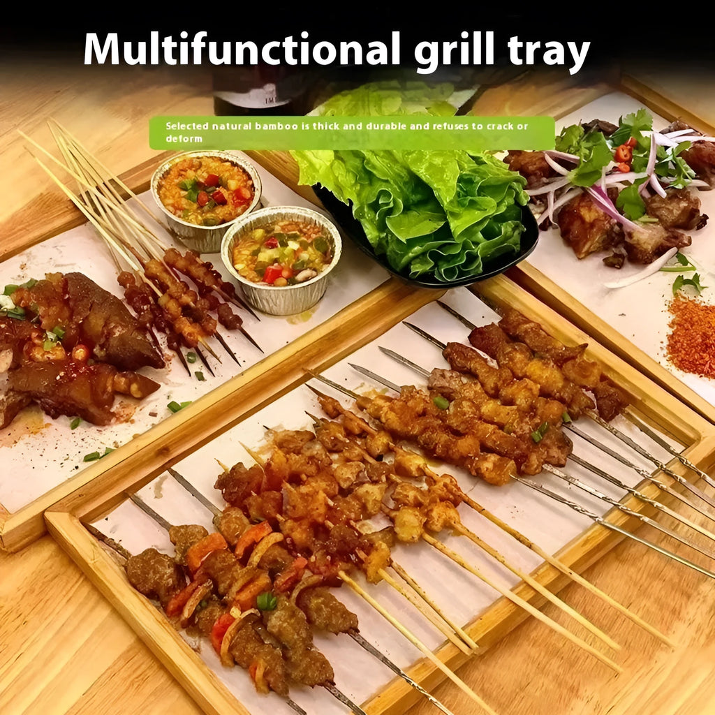 Square bamboo barbecue tray with brown handle in solid colour design