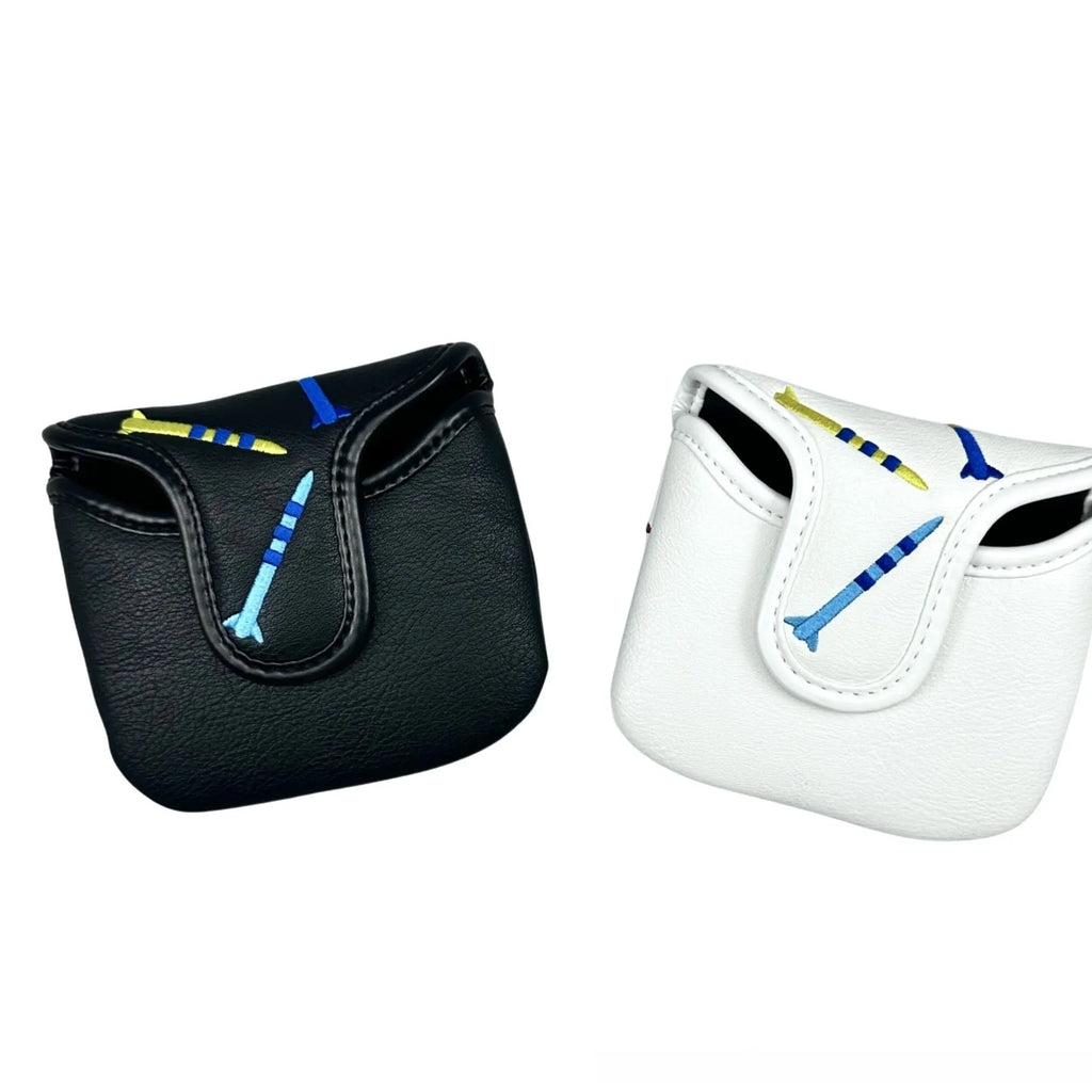 Golf putter protective sleeve with rocket pattern design for square putter heads in black PU leather