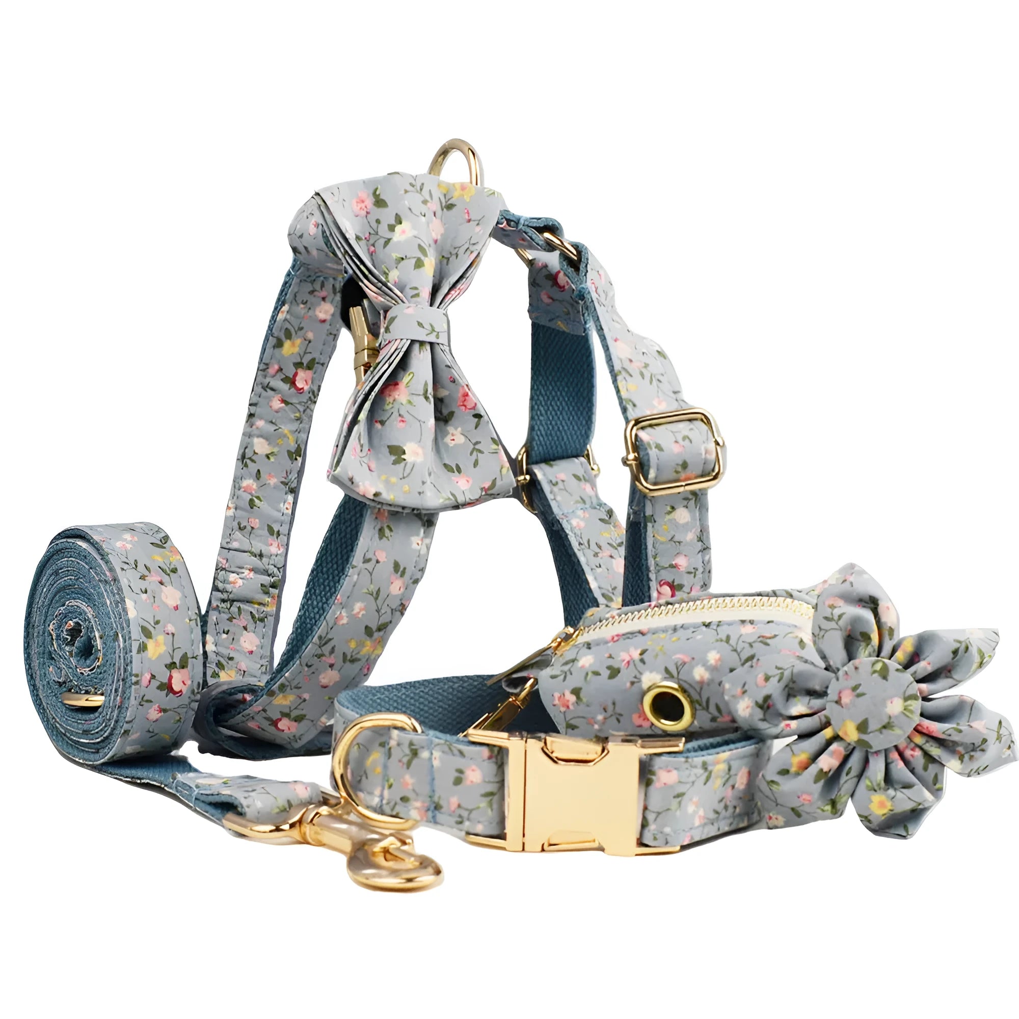 Floral polyester cotton dog collar set with matching leash, vest, bow, and poop bag accessories