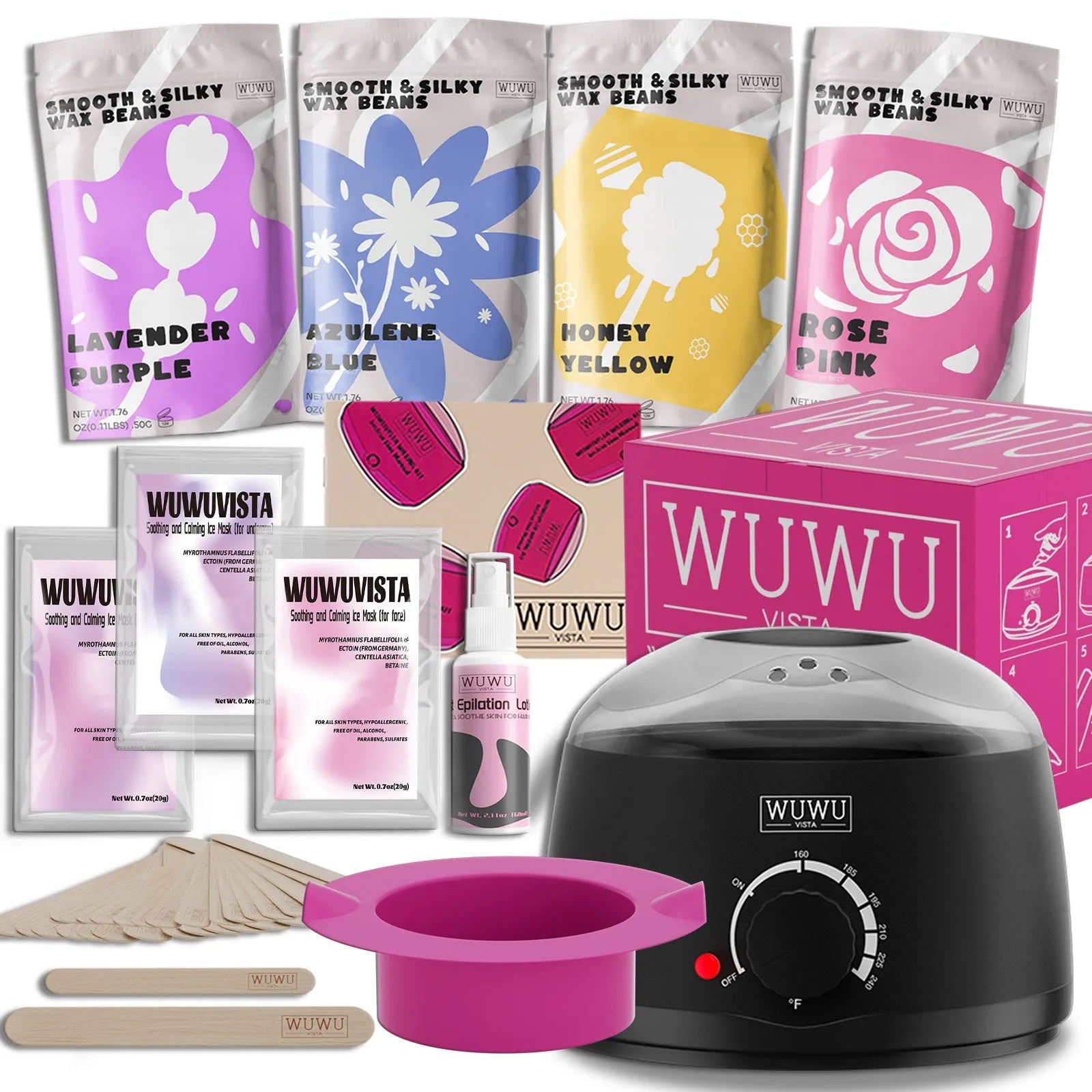 Waxing gift set with wax warmer, wax beads, facial and body sticks, aftercare products