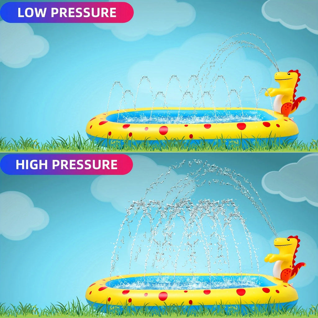 Blue dinosaur water spray pool measuring 170cm long with inflatable shark design for garden play