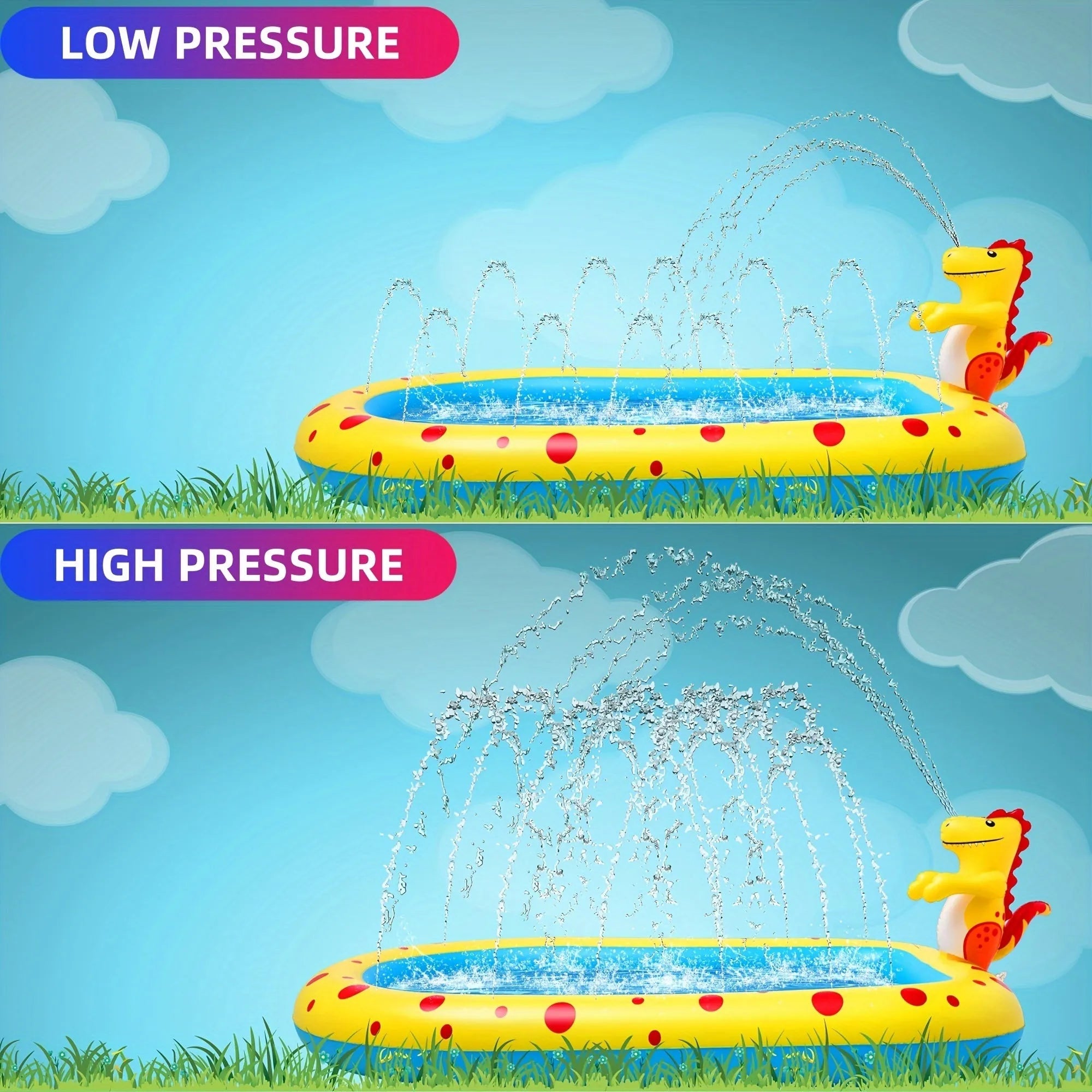 Blue dinosaur water spray pool measuring 170cm long with inflatable shark design for garden play