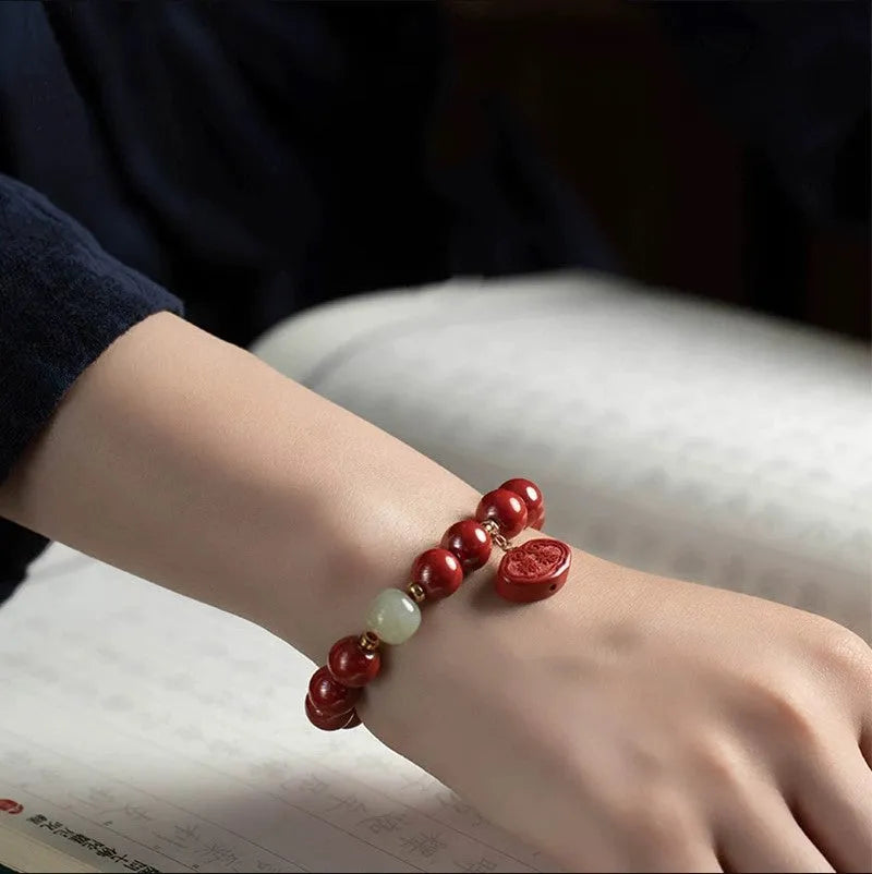 Natural cinnabar Emperor sandstone Ping An Fu Lu bracelet with 8mm or 10mm bead options