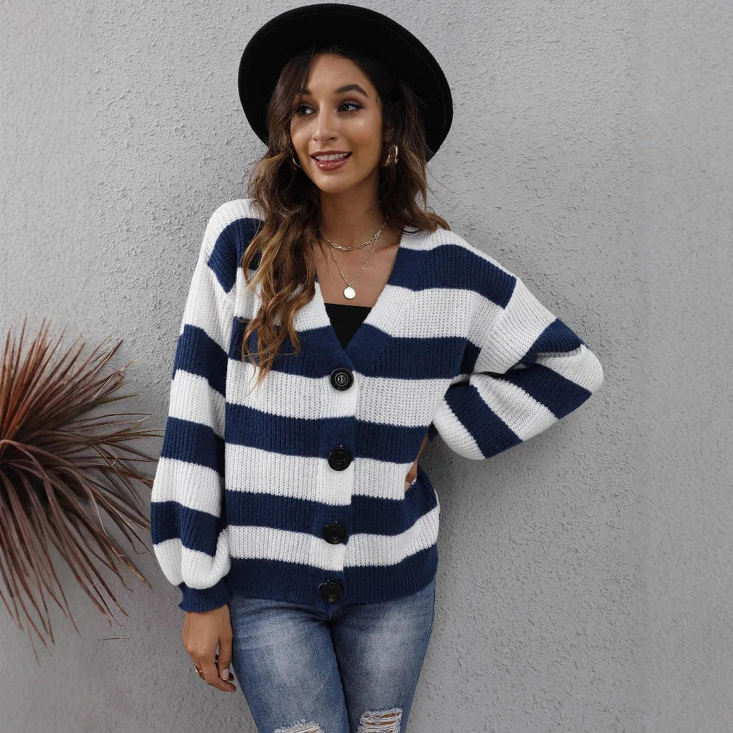 Women's striped cardigan in deer plush fabric with button front closure