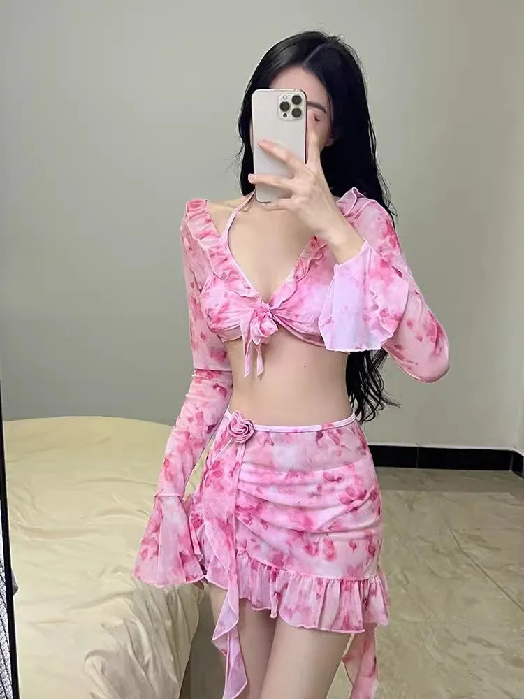 Women's floral cherry blossom pink bikini set for beach and hot spring wear