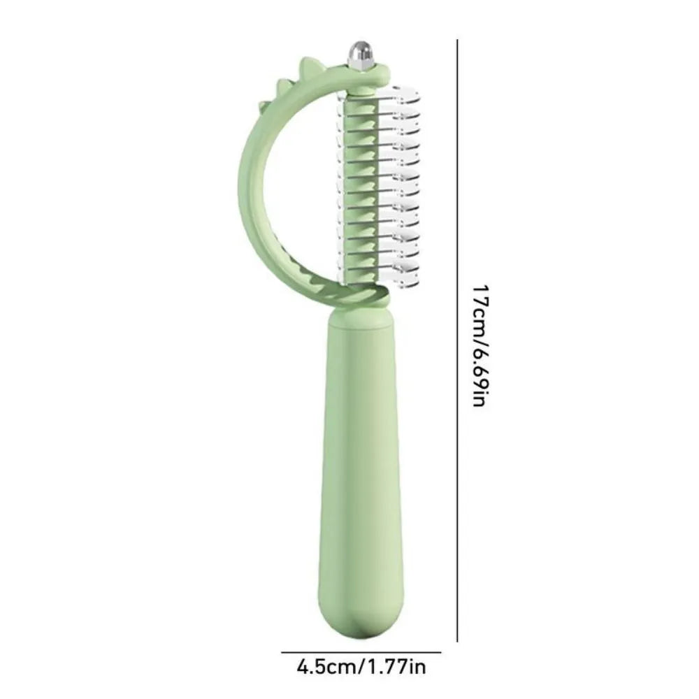 Blue dinosaur-shaped cat brush with self-cleaning button and double-sided bristles