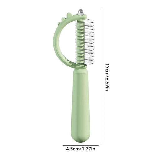 Blue dinosaur-shaped cat brush with self-cleaning button and double-sided bristles