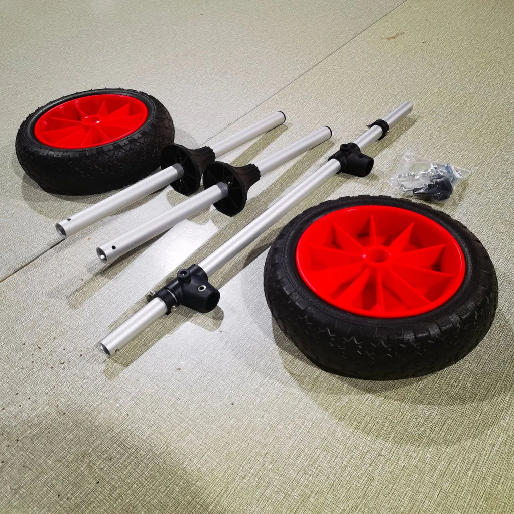 Foldable aluminium kayak beach trailer with upright pole platform for transporting open kayaks