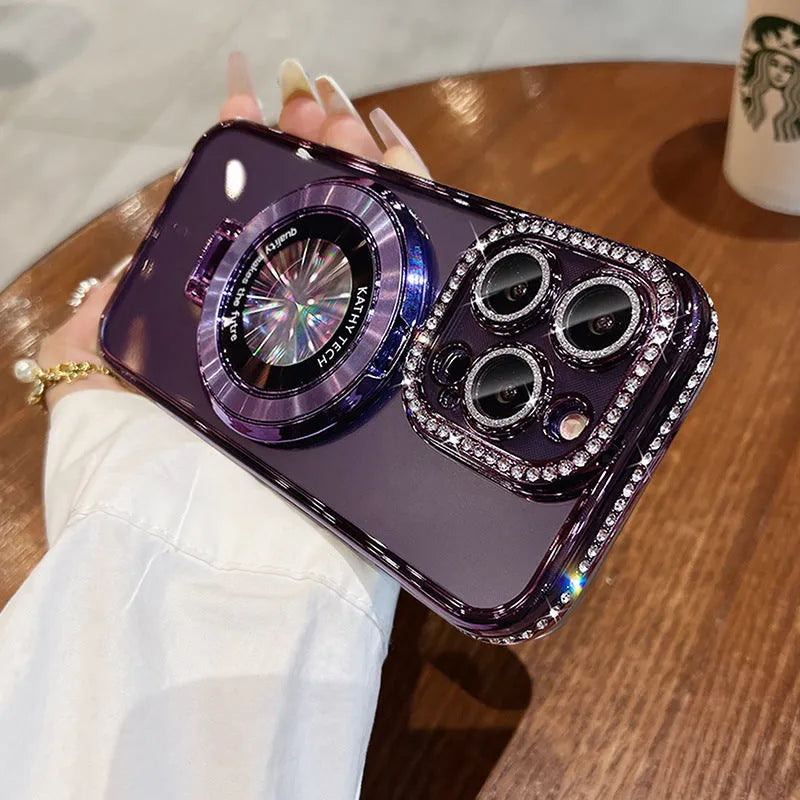 Transparent silicone iPhone case with rhinestone frame and built-in magnetic bracket in pink colour.