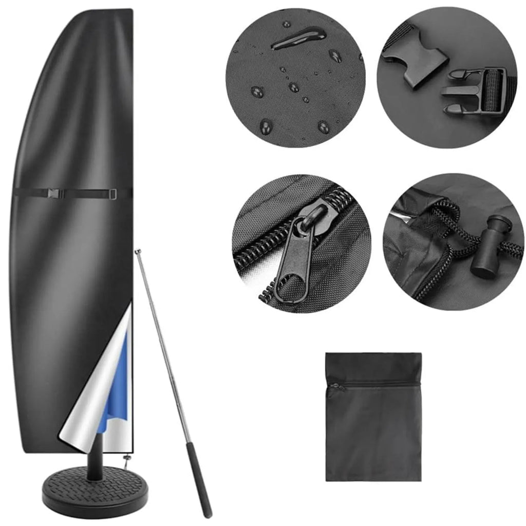 Black Oxford cloth waterproof cover for a grey offset banana-shaped garden umbrella.
