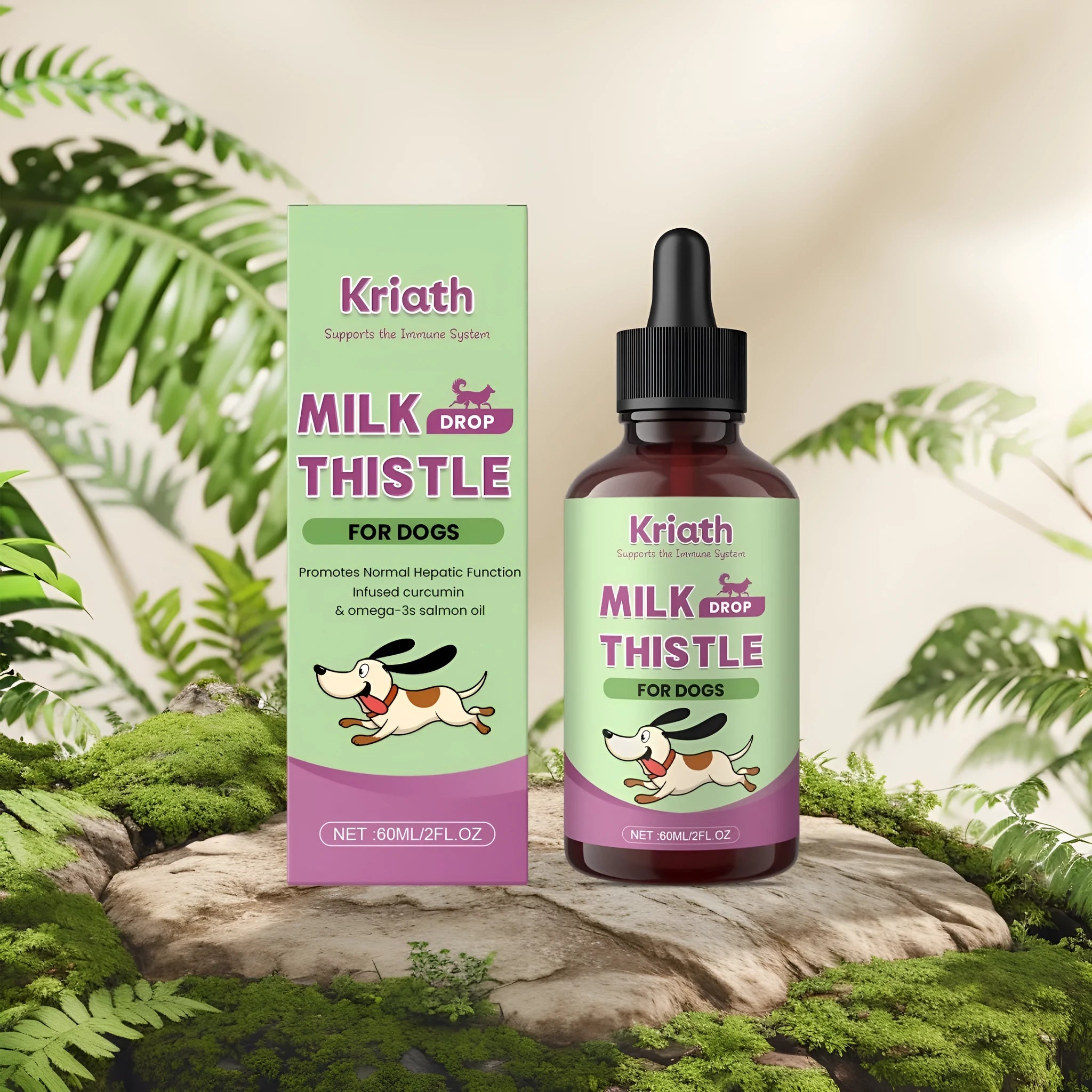 60ml bottle of liquid dog supplement with milk thistle, turmeric, and omega-3 fatty acids.