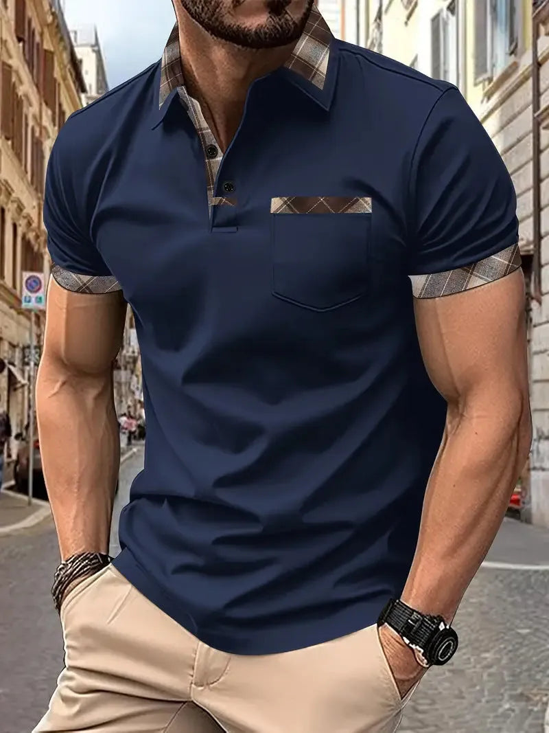 Men's plaid colourblock t-shirt with zipper decorations and short sleeves in loose fit
