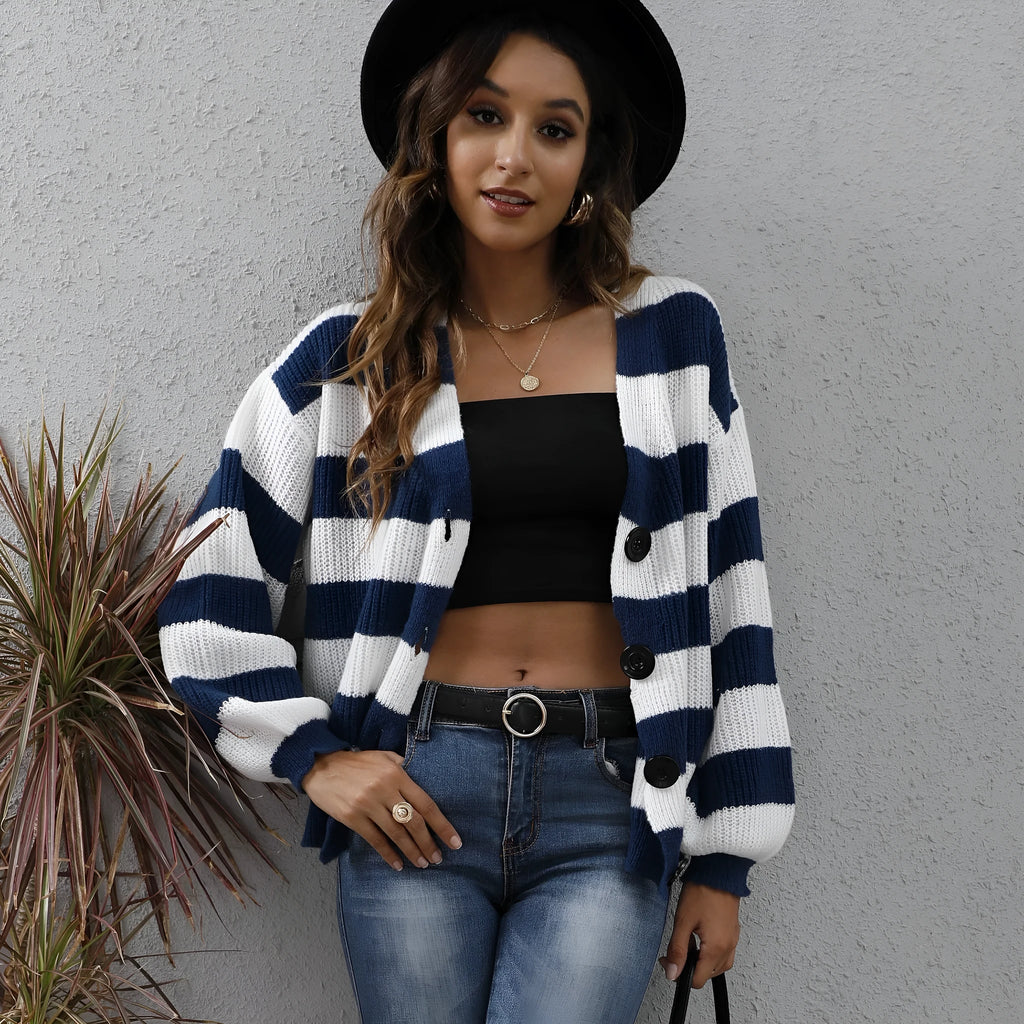Women's striped cardigan in deer plush fabric with button front closure
