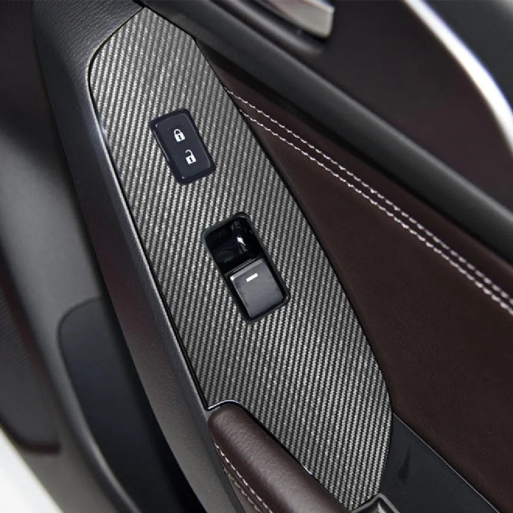Four TPU protective films for 14-19 US/Canadian car dashboard door control panels in transparent and carbon fibre black