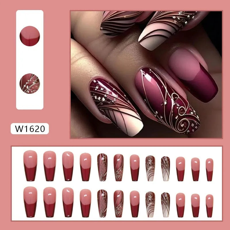 Set of 24 French line pattern press on artificial nails and one tube of glue.