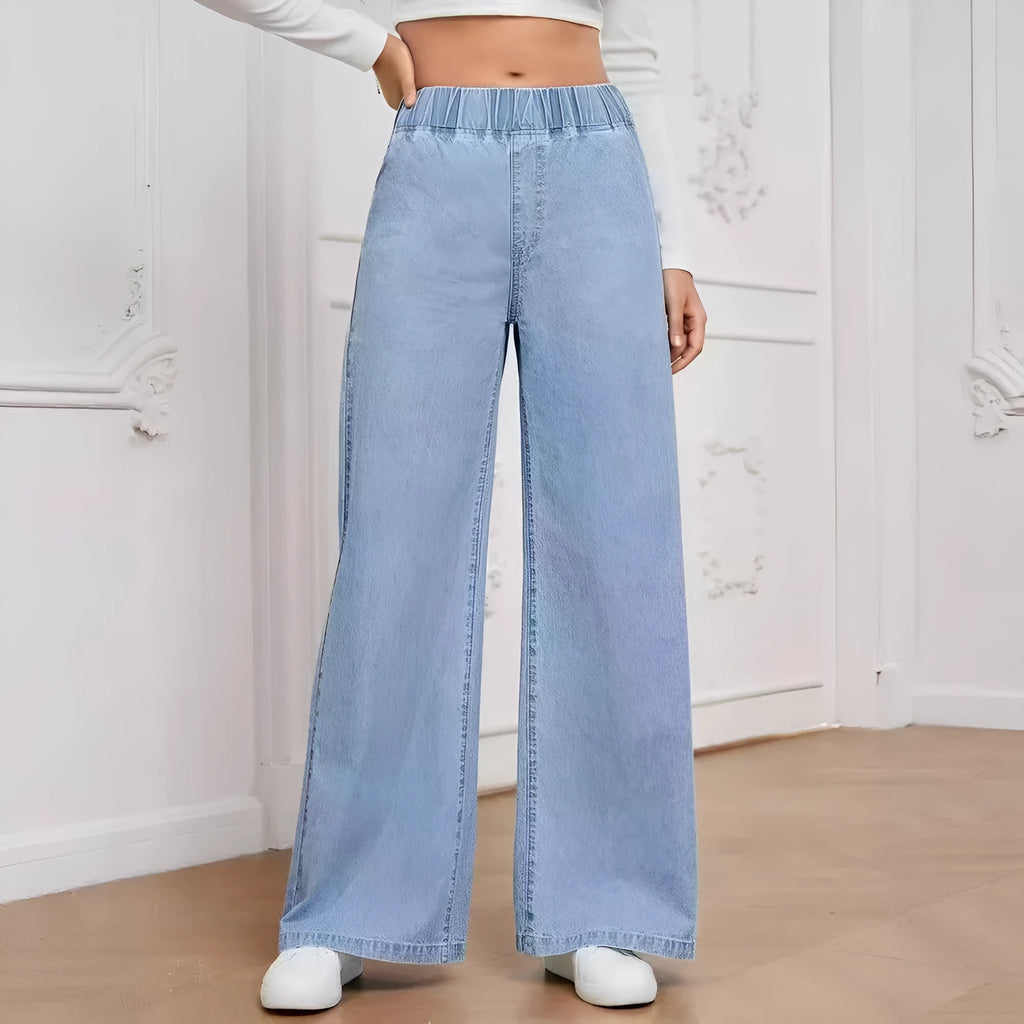 Light blue washed wide-leg denim trousers for plus size women with straight fit and mid-rise waist
