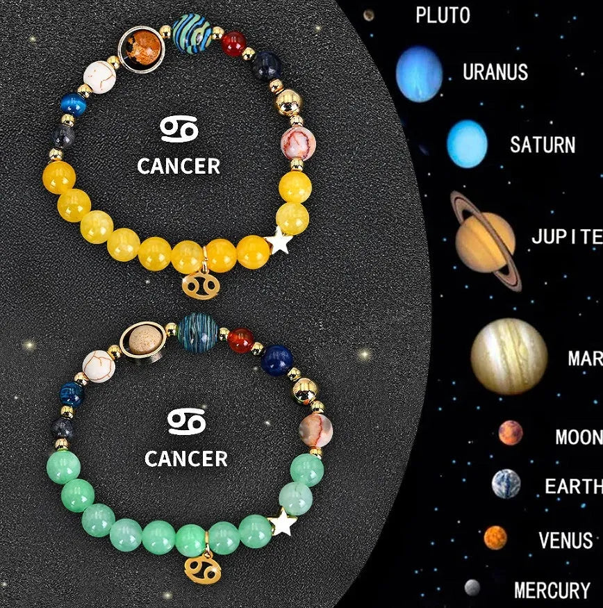 Two natural stone beaded bracelets for zodiac signs on a neutral background.