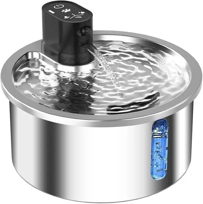 White stainless steel pet water fountain with constant temperature heating base for dogs and cats