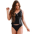 Black women's one-piece swimsuit with split front design and sleeveless cut