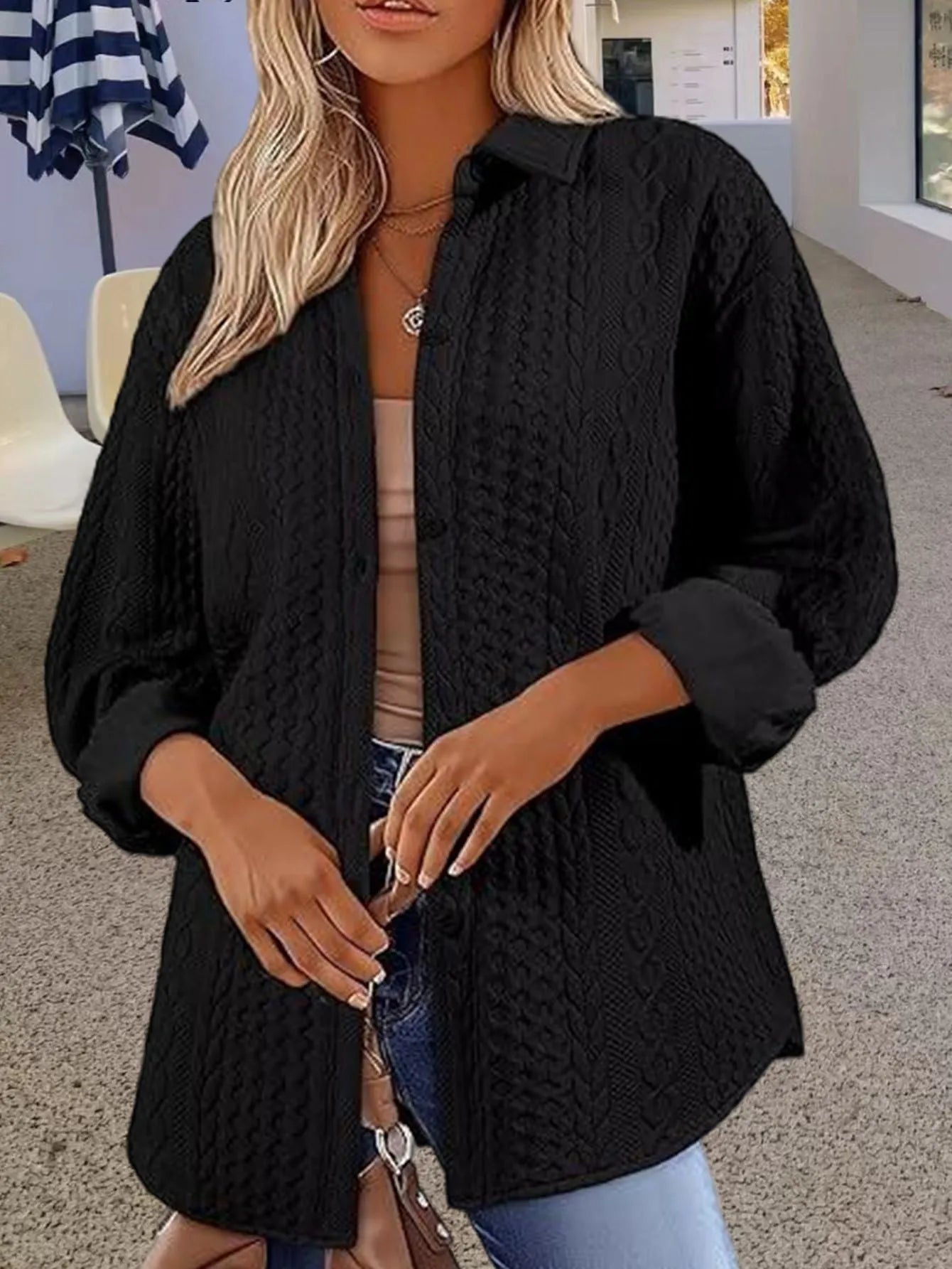 Women's solid colour knitted cardigan with long sleeves shown in black, white, and khaki colour options