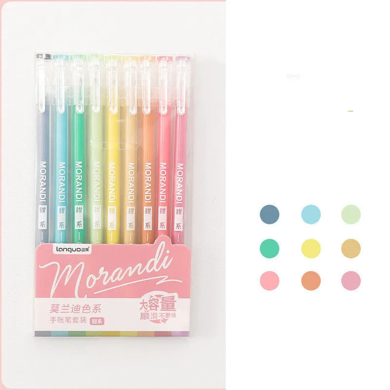 Retro hand account gel pen set showing nine colour pens with 0.5mm needle tips and plastic construction