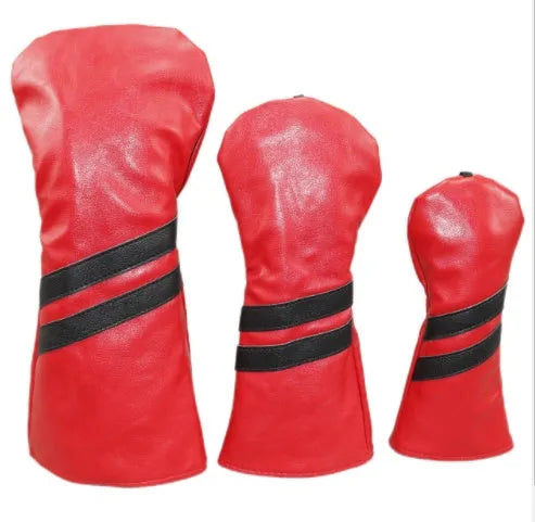 PU golf club head cover sleeve with two diagonal stripes for wood clubs, shown in multiple colours and sizes.