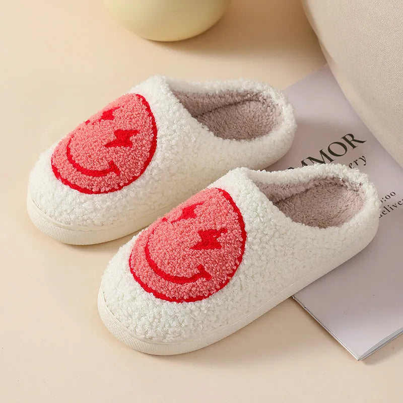 Plush home slippers with cartoon designs and non-slip PVC soles in adult female sizes