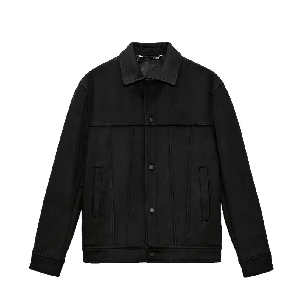 Black men's hooded jacket with suede collar, cotton blend fabric, and side seam pockets
