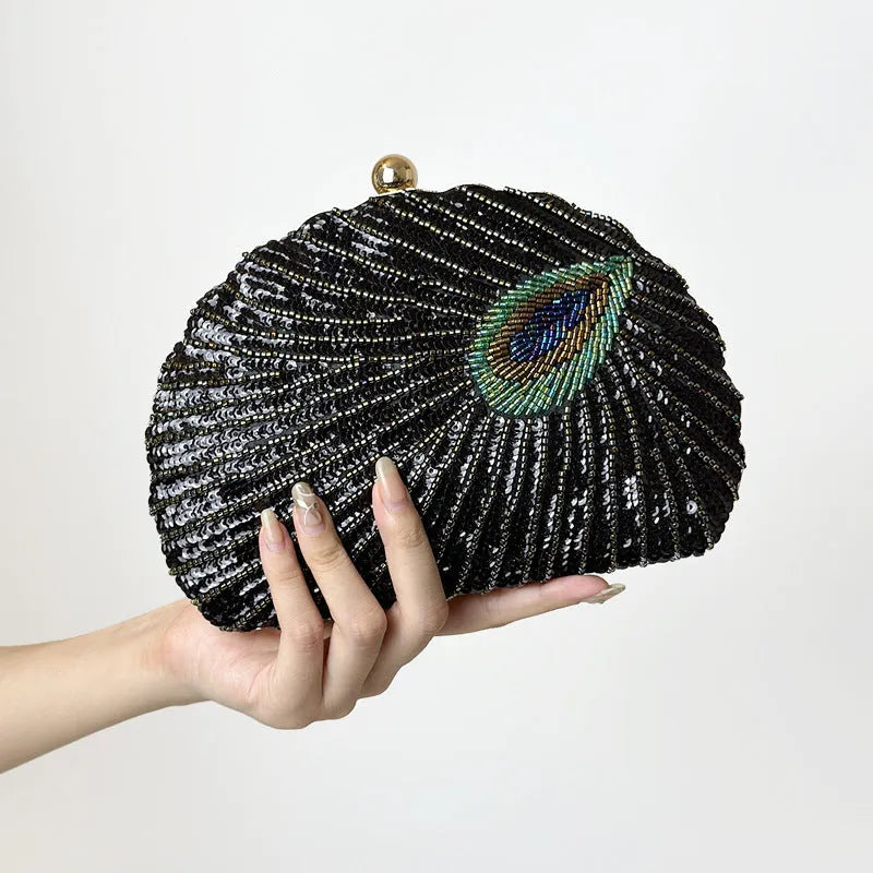 Women's vintage beaded one-shoulder crossbody chain handbag in blue with silk surface and hard structure