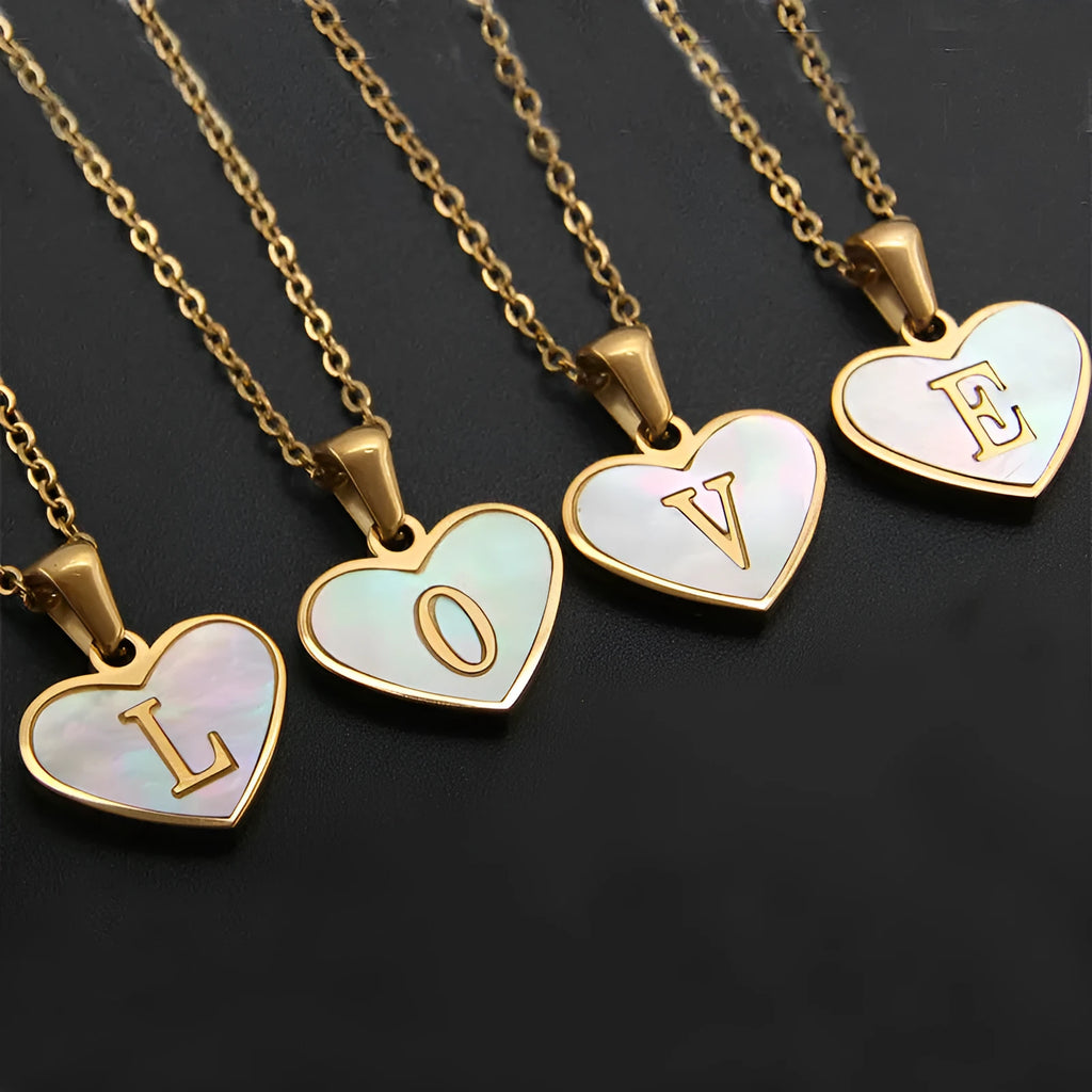 Gold plated personalised heart necklace with white shell on a 45cm chain